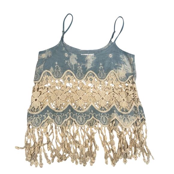 Boho Fringe Lace Tank Women's Large Festival Coachella Concert Country Cottage - Picture 2 of 14